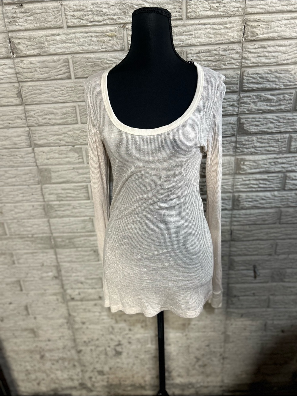 Licorice Women's Lightweight Scoop Neck Long Sleeve Top -  Cream Sz Large Waffle